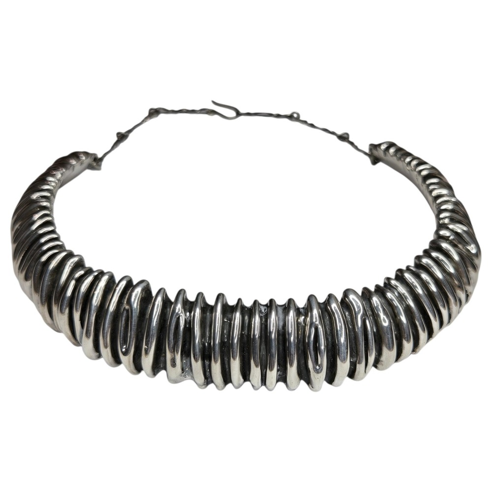 Artisan Choker Necklace Sterling Silver 925 15.5in Silver Ribbed Collar MH